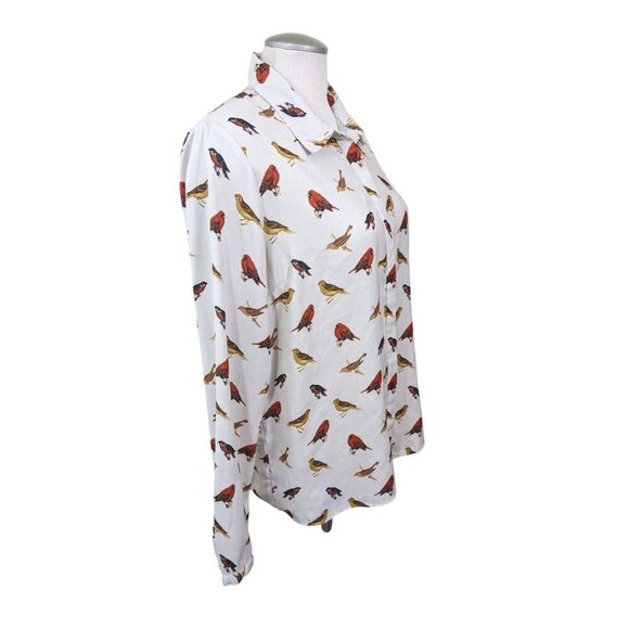 Forever 21 Womens Blouse Button Up Top Shirt Size L Cream All Over Bird Print - Picture 5 of 12